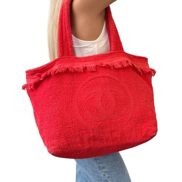CHANEL Vintage CC Logo Beach Tote Bag Shoulder Red Cotton Terry Cloth [105659] - Picture 1 of 12